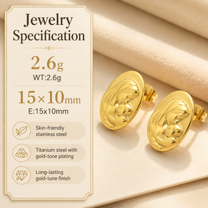 Boucles d'oreilles ovales de luxe en acier inoxydable plaqué or 18 carats avec la Vierge Marie en relief, boucles d'oreilles religieuses haut de gamme pour femmes, vente en gros - Product Image 2