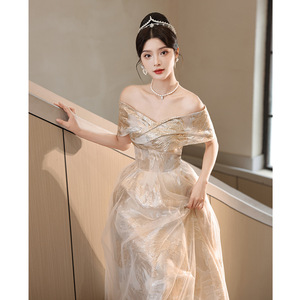 S1708R 2025 New Fashion High Quality Gorgeous fairy <b>Sequin</b> champagne Gold One Shoulder Evening Dress - Product Image 6