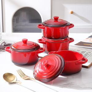 Tazón de Cerámica con Doble Asa y Tapa [Rojo Degradado], Tazón para Hornear Huevos, Tazón para Soufflé - Product Image 1