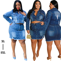 FM-19436 2020 Baru Pakaian Manik-manik Kuku Dicuci Jaket Jeans dan Robek untuk Membuat Set Rok Demin Ukuran Plus Antik Kasual