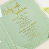 Ensemble de cartes d'invitation de mariage personnalisables en acrylique vert clair, style européen, avec impression dorée, papeterie de cérémonie