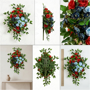 <b>Artificial</b> Red and Blue Rose <b>Bouquet</b> Decorative Wreath and Swag Floral Arrangement for Home Wedding Wall Event Decor - Product Image 6