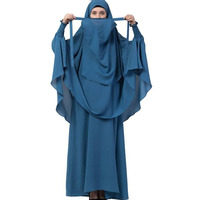 Vêtement de prière du Ramadan islamique bleu Abaya vêtements musulmans modestes Khimar Hijab ensemble deux pièces
