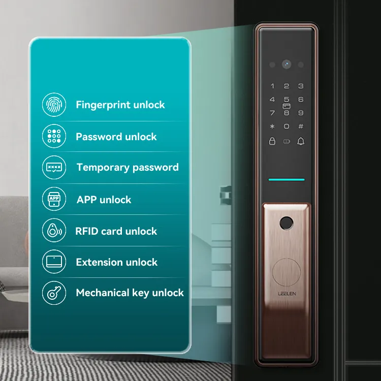 LEELEN kunci pintu digital sidik jari, kunci pintu digital sidik jari pintar wifi dengan kamera