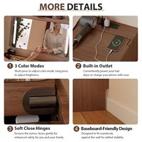 Ensemble de coiffeuse moderne en chêne massif pliable avec miroir LED rabattable, 3 tiroirs de rangement et tabouret ottoman pour chambre à coucher