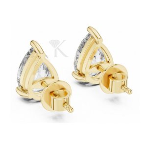 Boucles d'oreilles clous en diamant de laboratoire taille poire, serties de 3 griffes en or jaune avec fermoirs à vis sécurisés, élégantes et minimalistes - Product Image 2