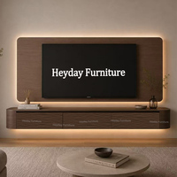 Mueble de TV Flotante Curvo Estilo Japandi Cinewall con Puertas con Relieve 3D y Panel de Pared con Retroiluminación LED Moderno