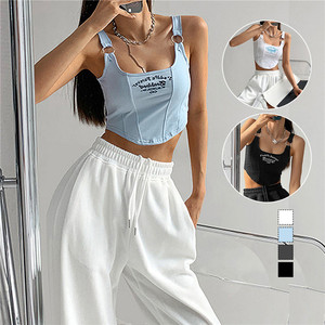 Print Letter Short Tank Tops Women'S Irregular Crop Top Y2k Summer Buckle Vest <b>Boob</b> Tube Top Embroidery Suspenders With Bra Pad - Product Image 1