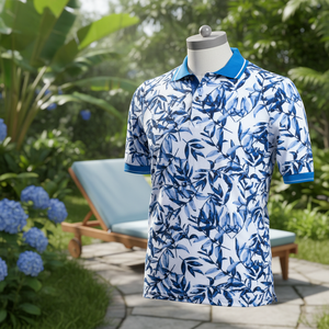 เสื้อยืดคอกลมพิมพ์ลายใบไม้สีน้ำเงินแบบถักสำหรับคนไซส์ใหญ่ - Product Image 3