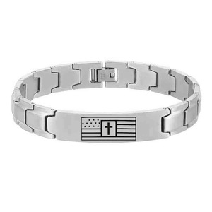 Bracelet en acier inoxydable pour hommes, 12mm, design croix et drapeau gravés, lien incurvé bicolore, bijoux cadeau - Product Image 5