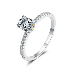 Simple Straight Arm Diamond-studded 925 Silver Oval 1 Carat Moissanite Engagement Wedding Ring For Women