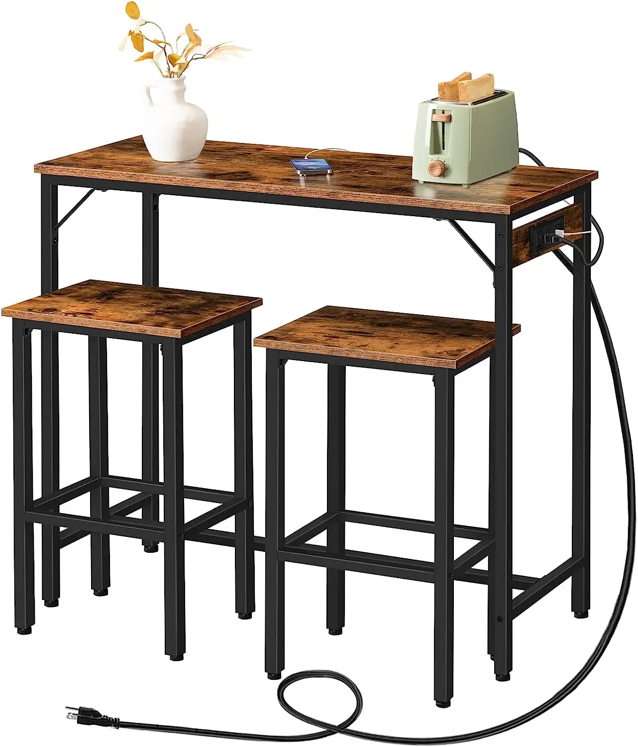 3-टुकड़ा रसोई टेबल कुर्सियां बोतल भंडारण रैक के साथ सेट 2 लोग औद्योगिक स्मार्ट डाइनिंग बार टेबल मल
