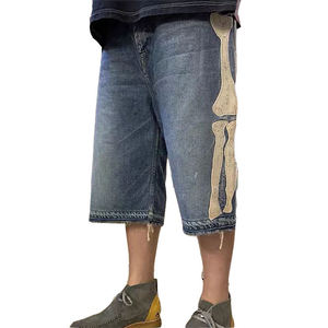 Custom Bones Logo <b>Patch</b> Denim <b>Shorts</b> <b>Men</b> Raw Hem Washed Distressed Jorts Straight High Quality Baggy Jean <b>Shorts</b> - Product Image 2