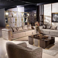 Ensemble de canapés en velours imprimé zèbre de luxe pour salon de villa haut de gamme avec garniture en acier inoxydable doré, canapé sectionnel moderne en forme de L