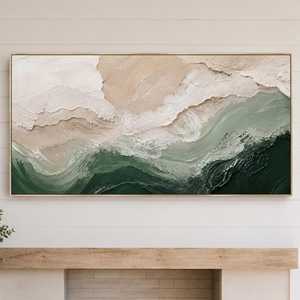Art mural abstrait vert émeraude et beige neutre, peinture à l'huile texturée peinte à la main sur toile pour la décoration du salon - Product Image 1