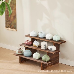Solid Wood Tiered Display <b>Shelf</b> 3 Floors <b>Desktop</b> Teacup Rack For Teapots And Teaware Storage - Product Image 2