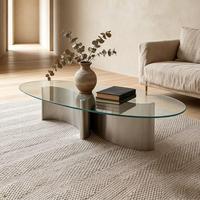 Bauhaus Moderner Minimalistischer Beweglicher Ovaler Glas-Couchtisch mit Edelstahlrahmen für Wohnzimmer und Zuhause
