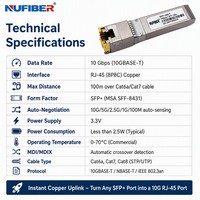 Module SFP-T Cuivre 10GBASE-T en Gros Usine, 100m RJ45 DDM, Température Industrielle, Étiquette Personnalisée, Approvisionnement en Vrac