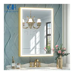 Led vàng phòng tắm Vanity gương với đèn với góc cạnh vát ánh sáng 3 màu chống sương mù Hợp kim nhôm mờ Khung bộ nhớ