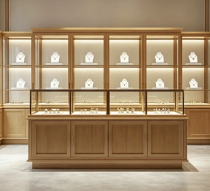 Ensemble de présentoirs de bijoux en bois naturel élégants et personnalisables, comprenant des armoires murales, des comptoirs et des rangements verrouillables - Product Image 1