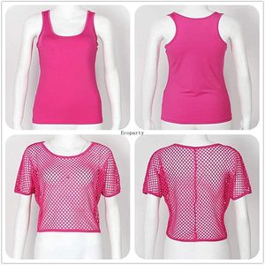 Women Casual Sexy 80s Costumes Fishnet <strong>Neon</strong> Off Shoulder T-Shirt Ecoparty - Product Image 4