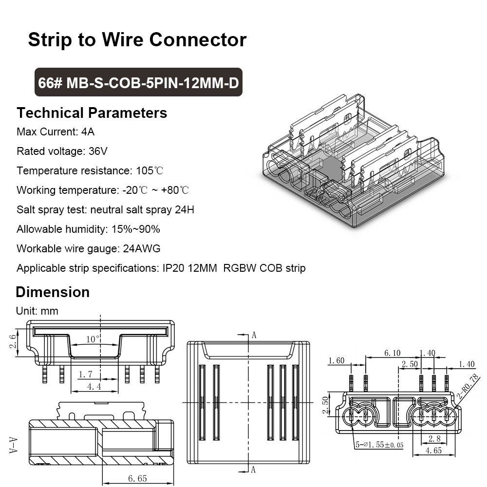 66 #   MB-S-COB-5PIN-12MM-D : Connecteur COB 5 broches 12 mm