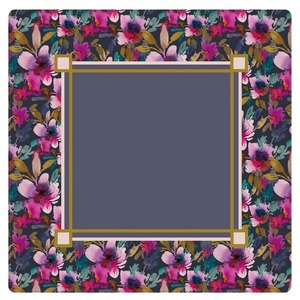 Tapis de table de mahjong américain de 31,5 pouces avec fond foncé, bordure florale rose et violette aquarelle, cadre géométrique doré, jeu de mahjong - Product Image 1