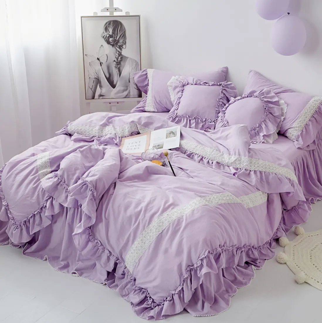 % 100% saf pamuk fırfır Ruffled dantel Bedskirt kız prenses stil 4 parçalı nevresim takımı