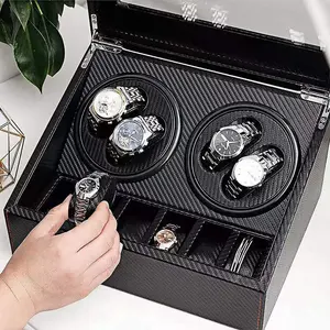 Adaptateur AC 4 + 6 Rotation automatique en cuir PU, bois, remontoir de montre, boîte de présentation pour montres homme et femme