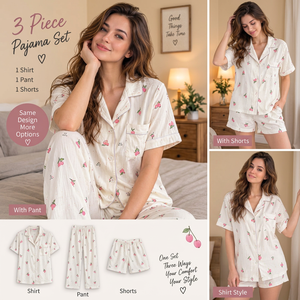 Conjunto de Pijama de Algodón de 3 Piezas para Mujer, Manga Corta, Corte Holgado, Cuello Cuadrado, Casual, Ecológico, Antiestático, para Todas las Temporadas - Product Image 3