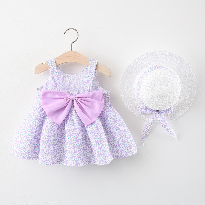 Baby Girl Dress 2021 Summer Bow Print Dress With Hat 2 Piece Baby