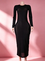 Robe Midi Moulante Transparente en Maille pour Femme, Coupe Ajustée, Manches Longues, Col Rond, Imprimé Lettres au Dos