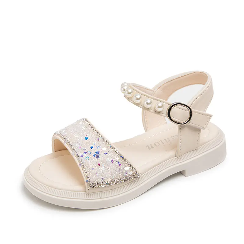 여아 원 라인 샌들 오픈 토 비치 여름 모조 다이아몬드 스팽글 부드러운 밑창 패션 큰 아이들의 멋진 공주 신발