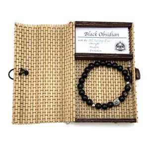 Embalagem em caixa de bambu 8mm pedra preciosa pulseira com aço inoxidável todos os olhos de visão