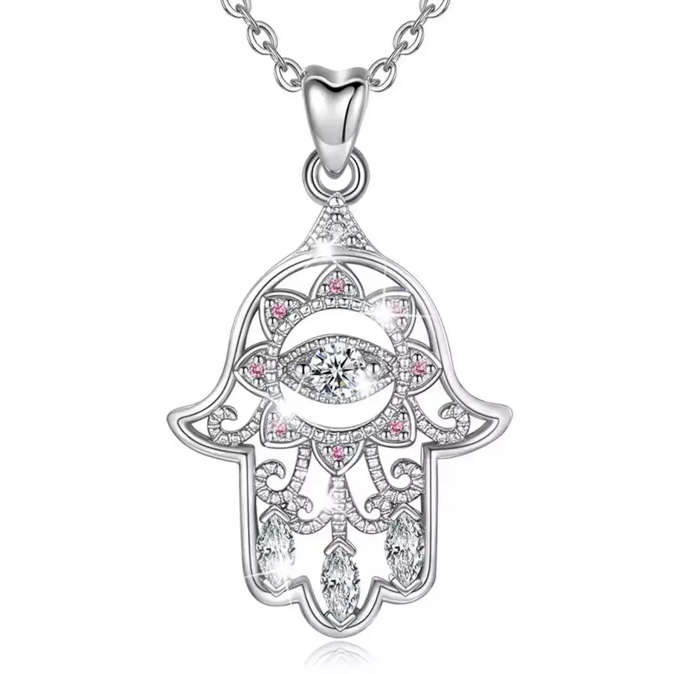 Merryshine Fine Jewelry Rhodium Plated 925 Sterling Silver Diamond Fatima Hamsa Hand Necklace Pendant