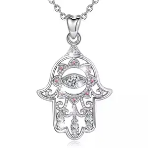 Merryshine Fine Jewelry Rhodium Plated 925 Sterling Silver Diamond Fatima Hamsa Hand Necklace Pendant