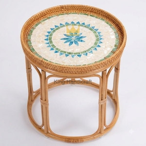 Handcrafted Natural Bamboo Rattan Side <b>Table</b> Mother of Pearl Inlay Minimalist <b>Round</b> <b>Bedside</b> Coffee Accent <b>Table</b> Cheap Price - Product Image 4