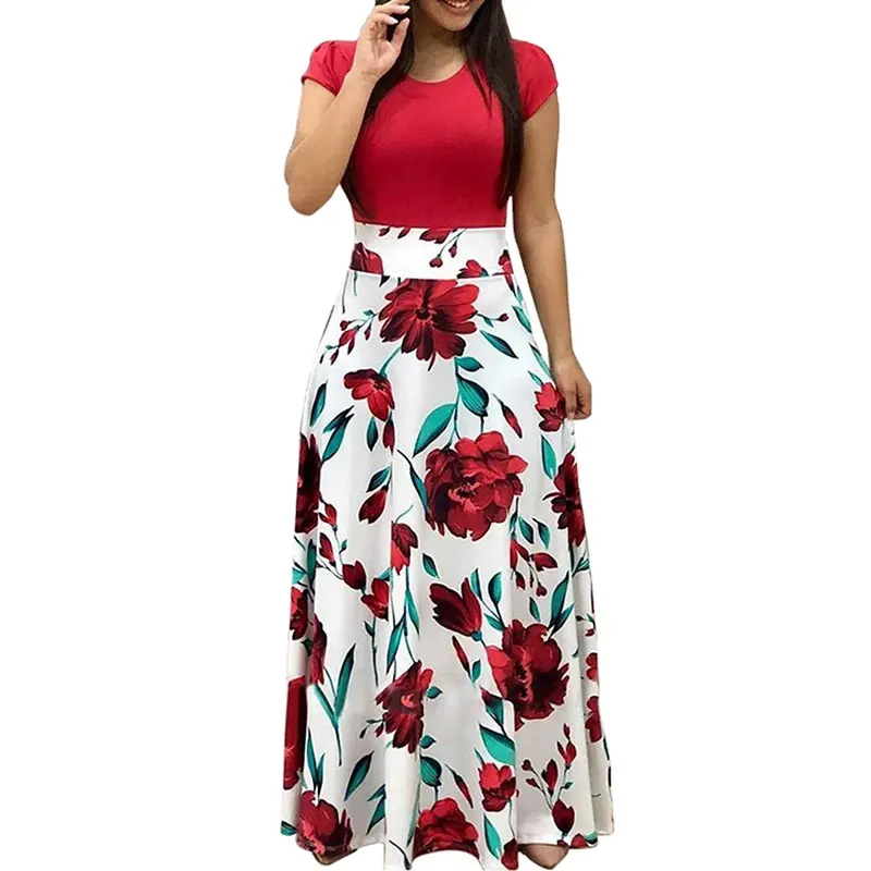 Bestseller Stil Blumen druck Farbe passend langes Kleid Damen bekleidung Kurzarm Freizeit kleid