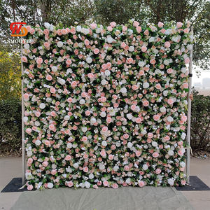 Fondo de Pared de Flores LEDA Personalizado, Rosas Blancas y Rosadas con Hojas Verdes, Decoración de Boda Enrollable Hecha a Mano - Product Image 1