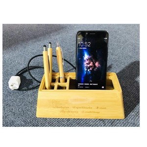 Porte-stylo en bambou, boîte de rangement de bureau multi-compartiments avec support pour téléphone et organisateur de câbles pour usage au bureau - Product Image 1