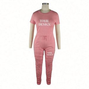 Traje de Verano para Mujer, Manga Corta con Pantalones, Logotipo Personalizado y Diseño Propio Bordado, Traje Liso con Patrón Sólido - Product Image 1