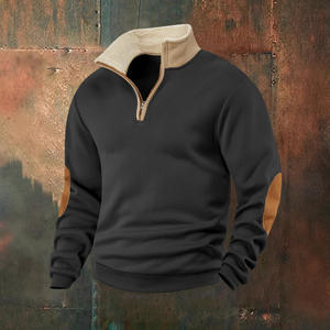Sweat-shirt à fermeture éclair pour homme, coupe ajustée, manches longues, vêtements de loisirs, noir avec patchwork marron - Product Image 1