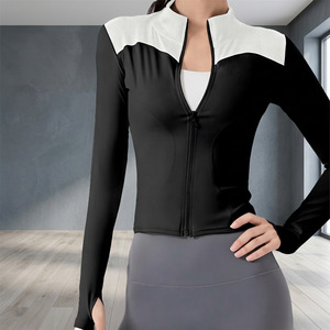 Chaqueta de yoga para mujer con cremallera, bloques de color en contraste, manga larga, cuello alto, transpirable, de elastano y poliéster, top deportivo - Product Image 3