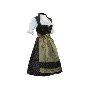 Robe traditionnelle Dirndl noire à motif géométrique doré en satin, coupe trapèze, longueur midi, manches bouffantes, col cœur, pour les fêtes et célébrations - Product Image 4