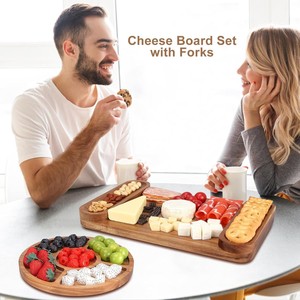 Acacia Wood <b>Tray</b> Set Cheese Board Divided Serving Platter For Party <b>Snacks</b> And Desserts Natural Color - Product Image 3