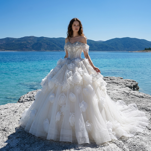 Vestido de Novia Talla Grande Gt26036, Estilo Princesa, Largo hasta el Suelo, Sin Tirantes, Espalda Descubierta, Cola de Capilla, con Flores Fruncidas, Jancember - Product Image 1