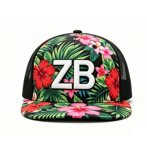 Custom 5 Panel Tropical Flower Trucker Hat Bulk <b>Flat</b> brim trucker hat Floral Print Mesh Trucker <b>Cap</b> for Gifts - Product Image 2