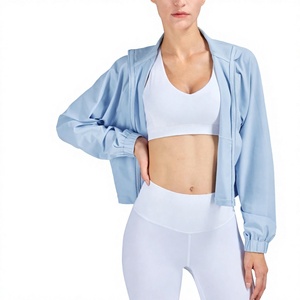 Women's Light Blue Crop <b>Jacket</b> Full Sleeve Zipper Breathable Sportswear <b>Yoga</b> Top - Product Image 1