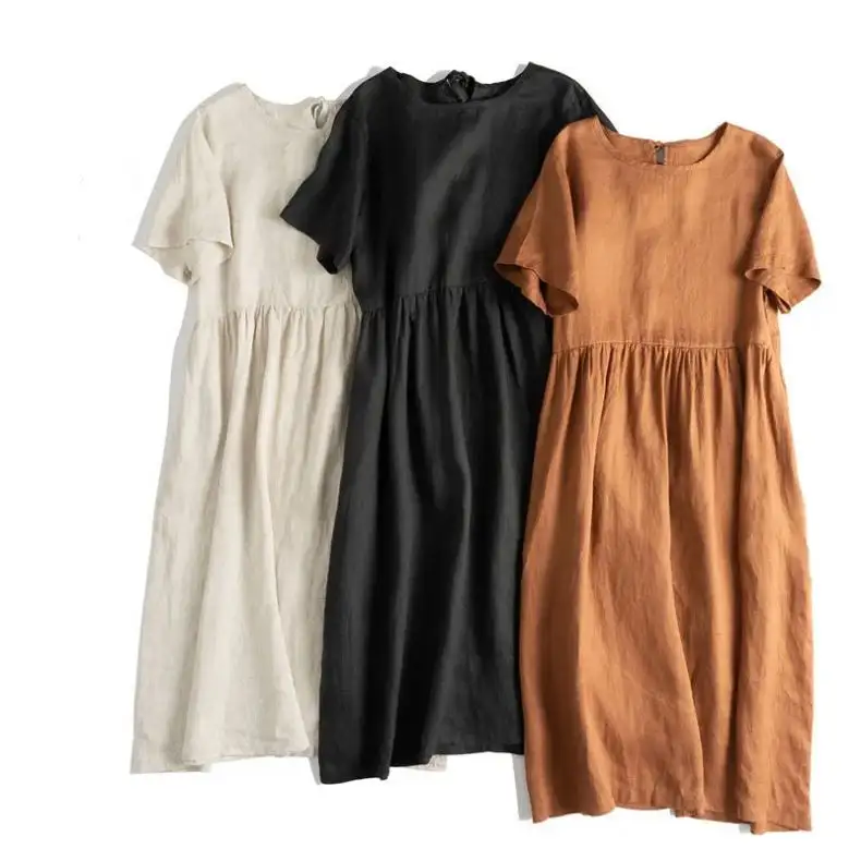 Custom Fashion Dress Plain Summer Women Elegant Casual Dresses Lady Sides Hollow Out Lace-Up Back Cotton O-Neck Linen Dress