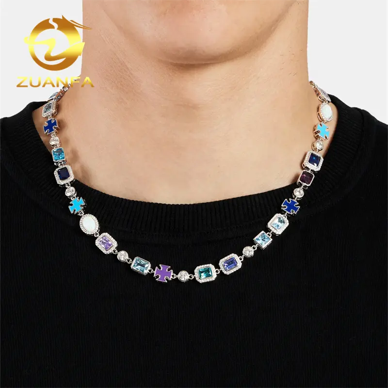 New Arrival Fashion Jewelry Men Stree Fashion Icd Out 5A Cz Multi Color Gemstone Hip Hop Mutif Necklace